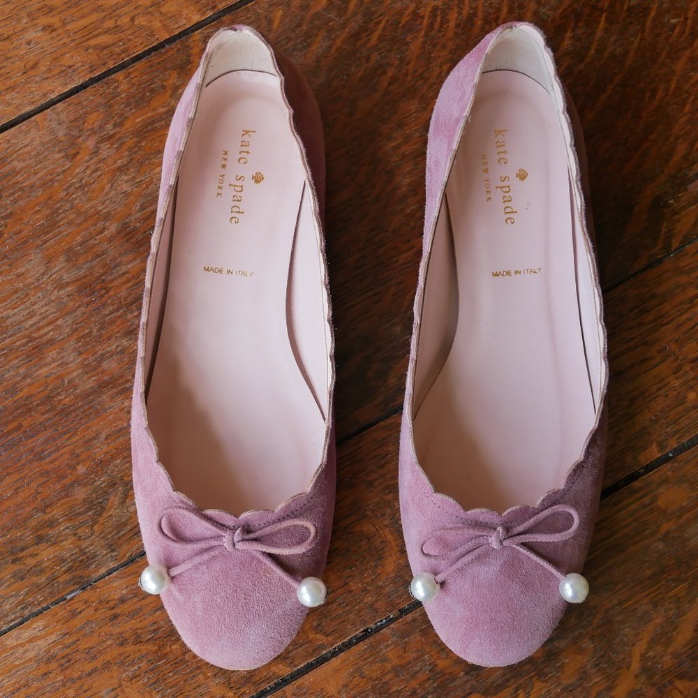 Kate Spade Pink Suede Flats, Gold Heel and Pearl